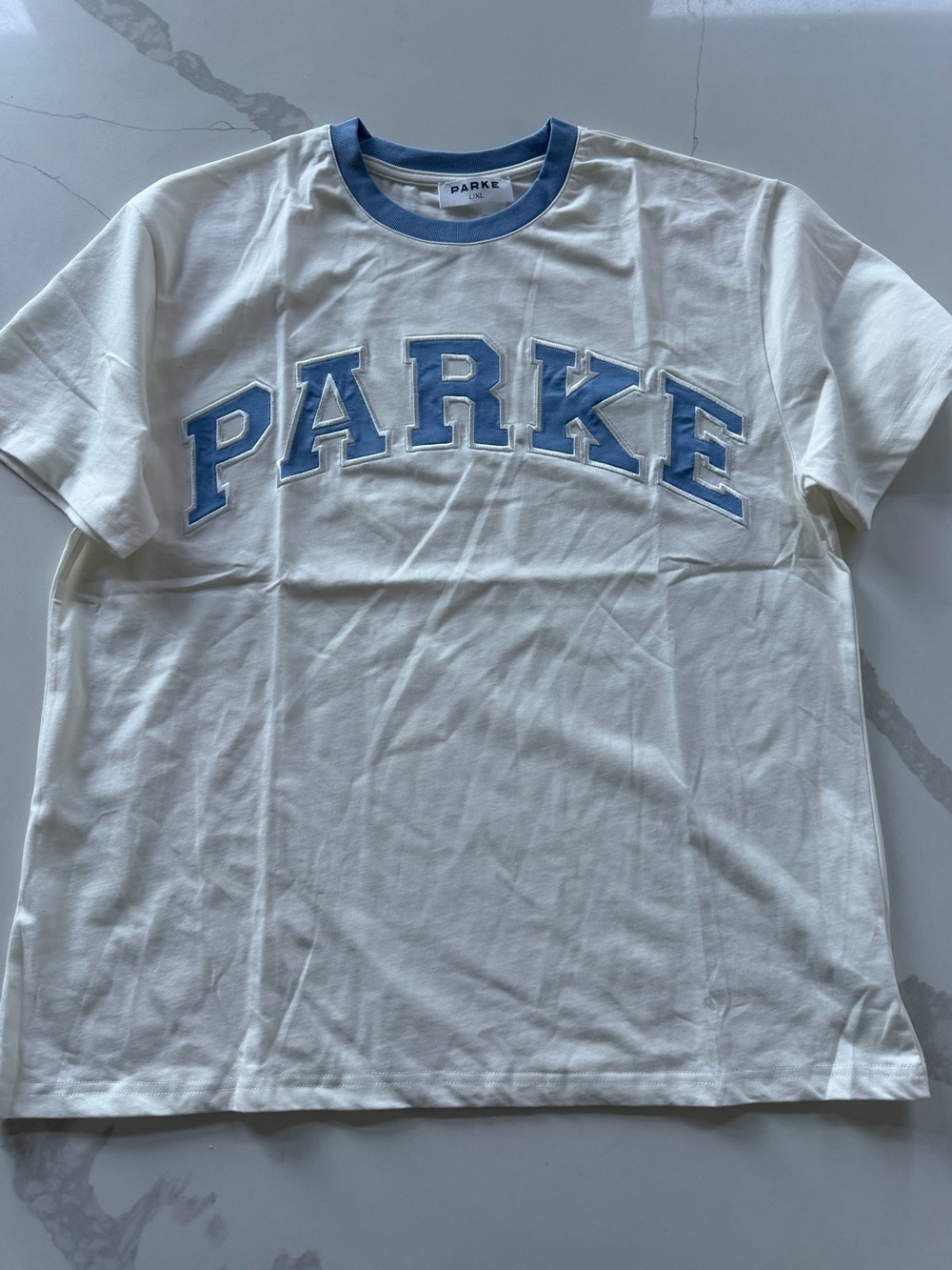 Parke Unisex Varsity Patch Lettering Crew Neck T-Shirt Sky Size L/XL